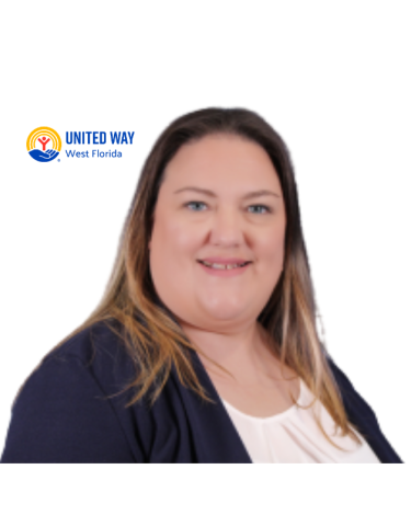 Woman wearing a black sweater and a white shirt, smiling, with a white background.